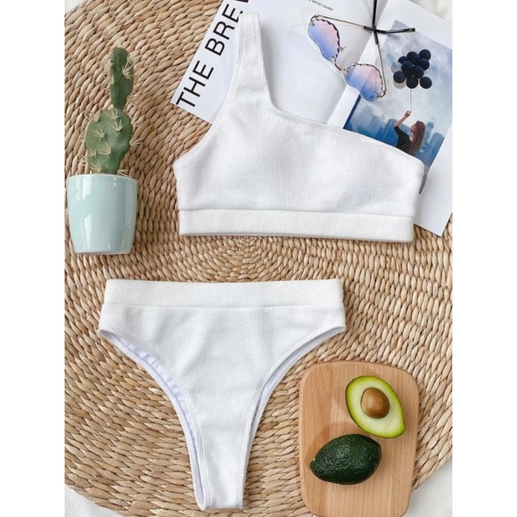 One shoulder bikini high waist white swimsuit - Picture 2 of 3